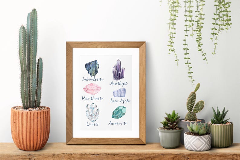May include: A framed print featuring watercolor illustrations of various crystals, including Labradorite, Amethyst, Rose Quartz, and Quartz. The print is displayed on a wooden shelf, alongside potted cacti and succulents. The artwork is labeled with the crystal names.