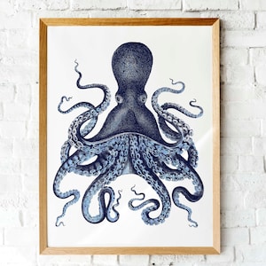 Kraken octopus print tentacles print Printable art Indigo ink Navy blue Nautical Coastal nautical art Printable wall art INSTANT DOWNLOAD