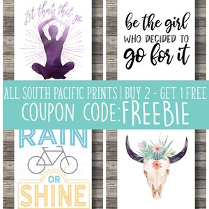 May include: Four art prints with inspirational quotes and imagery. One print features a yoga pose with the text "Let that shit go." Another says "be the girl who decided to go for it." Other prints show a bicycle and a skull.