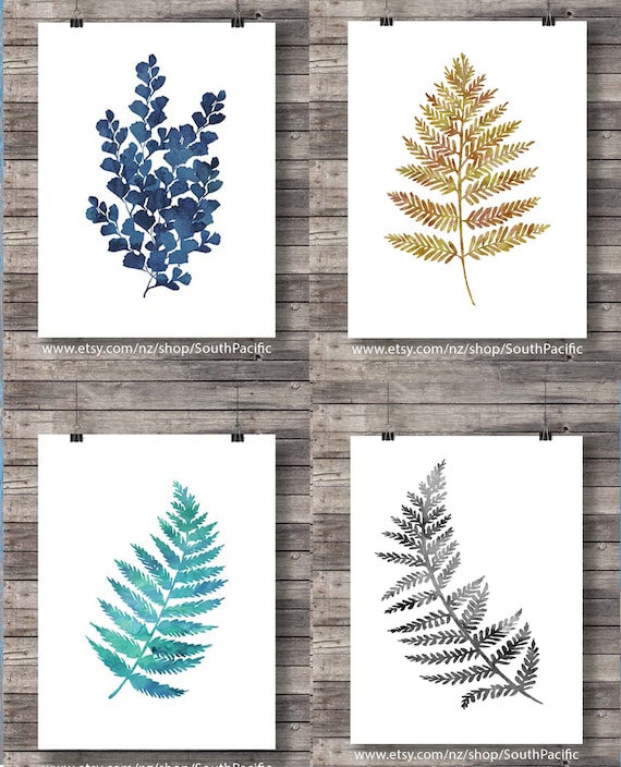 Fern Prints Printable Art Set of 4 Watercolor Blue Green | Etsy