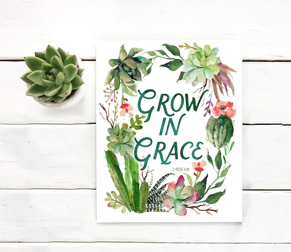 Grow in Grace Scripture Print: Watercolor Cacti Succulent Art (Digital Download)
