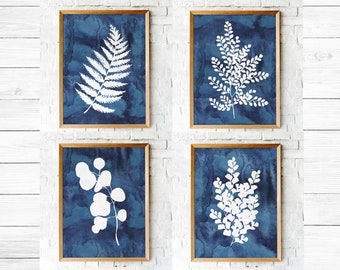 Fern prints  Printable art set of 4 watercolor ink blue indigo fern leaf prints