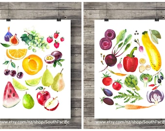 Kitchen art  Set of 2 Fruit Veggies art prints  Farmers Market Watercolor  Printable wall art   Kitchen decor art  Instant download |