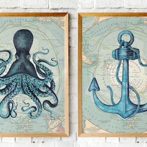 Lot de deux | Poulpe Kraken | ancre vintage à imprimer | Téléchargement instantané | Carte vintage de l'Antarctique en prime