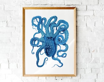 Blue Kraken octopus print | Octopus tentacles Printable art | Blue nautical decor | Coastal wall art