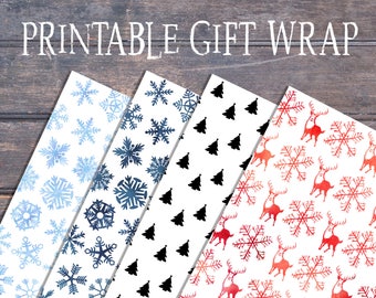 Printable gift wrap  Christmas deer snowflake watercolor  Christmas Xmas holiday wrapping paper printable  hand painted 4 designs