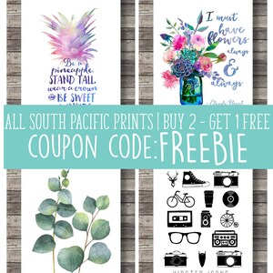 May include: Four art prints with white backgrounds. One features a watercolor pineapple with text. Another shows flowers in a jar with text. A third print displays eucalyptus leaves. The last print has hipster icons.