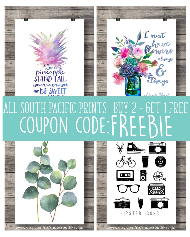 May include: Four art prints with white backgrounds. One features a watercolor pineapple with text. Another shows flowers in a jar with text. A third print displays eucalyptus leaves. The last print has hipster icons.