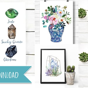 May include: A set of printable digital art prints featuring watercolor illustrations of various gemstones, flowers, and a fern. The prints include the names of the gemstones: Turquoise, Jade, Azurite, Smoky Quartz, Iolite, Obsidian. The floral print features a bouquet of pink and white flowers in a blue and white vase. The fern print features a single green fern leaf. The text on the floral print reads: "The best of the paths for the possible the song of the birds for the wilds.  God is our God forever and a golden heart in a garden there's no appetite like on earth."