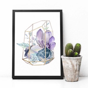 Watercolor Gemstones terrarium | Crystals art print | Purple crystals art | geology illustration | Printable wall art