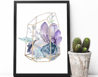 Watercolor Gemstones terrarium | Crystals art print | Purple crystals art | geology illustration | Printable wall art