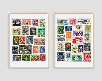 Vintage stamps collage | Set of two colourful bohemian Vintage postage stamps Prints | Funky home decor