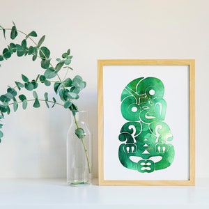 Tiki watercolor art New Zealand Maori art print Green watercolor Tiki Printable wall art image 2