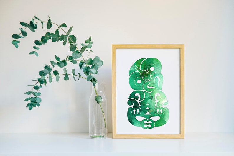 Tiki watercolor art New Zealand Maori art print Green watercolor Tiki Printable wall art image 2