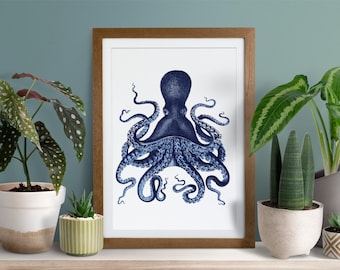 Vintage style Kraken print, Octoupus art print, Nautical poster, instant download