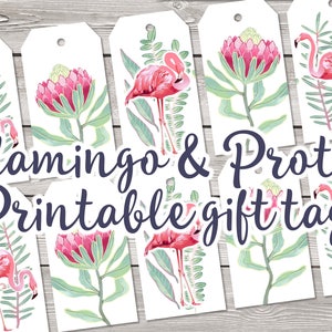 Flamingo Protea Gift tags 3x2 inch watercolor flamingo Printable Botanical gift tags printable tags