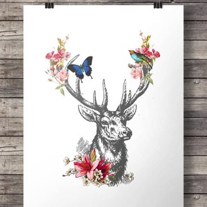 Vintage deer engraving deer flower garland printable Instant download woodland gift for her nursery decor deer print deer wall decor