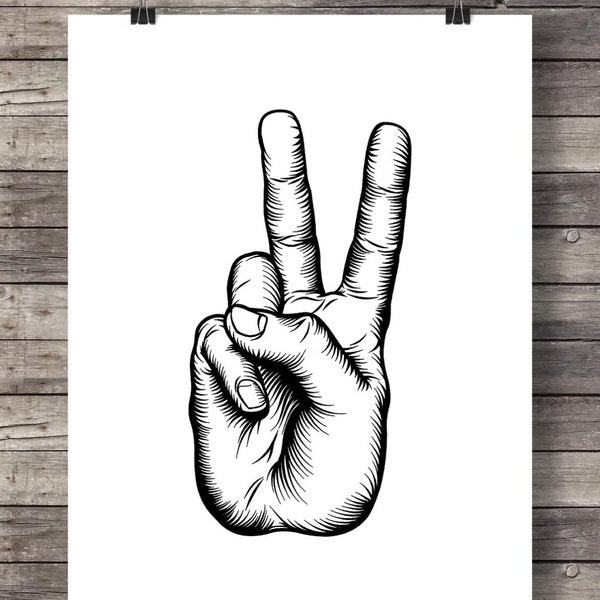 Peace hand sign, Vintage graphic, peace sign black and white Printable peace art, modern art decor, minimalist sign language wall art print