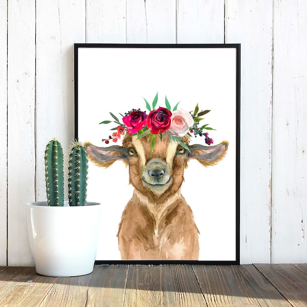 Watercolor baby goat with flower garland crown  Printable art