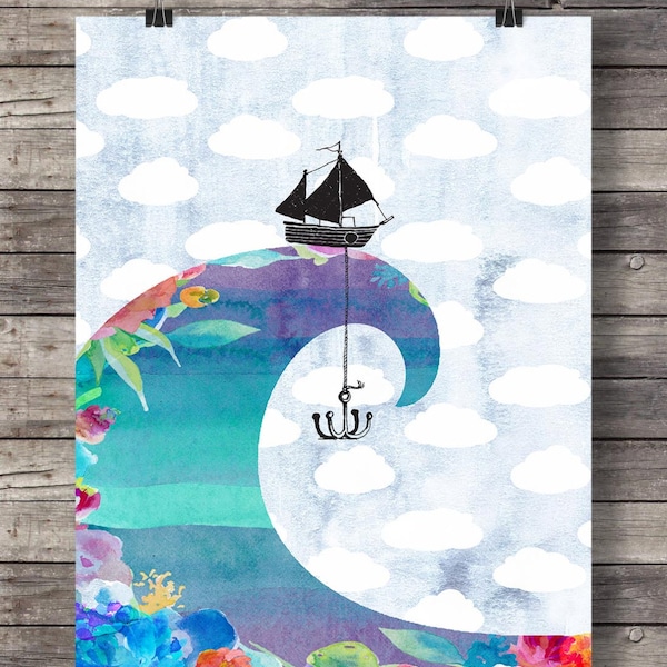 Wave and boat  The sea is so big and my boat is so small Watercolor digital collage art print  Printable wall art  Instant download