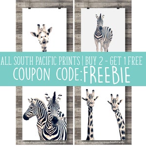 May include: Four framed animal prints featuring a giraffe, zebra, and a pair of giraffes. The prints are displayed against a white background with a wooden plank backdrop. Text reads "ALL SOUTH PACIFIC PRINTS | BUY 2 - GET 1 FREE COUPON CODE: FREEBIE".