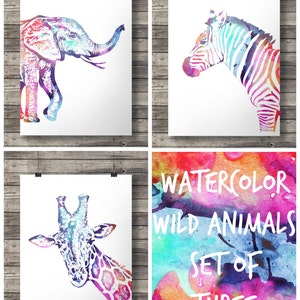 Watercolor Rainbow Animals | Set of 3 | Zebra Giraffe Elephant