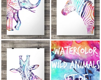 Watercolor Rainbow Animals | Set of 3 | Zebra Giraffe Elephant