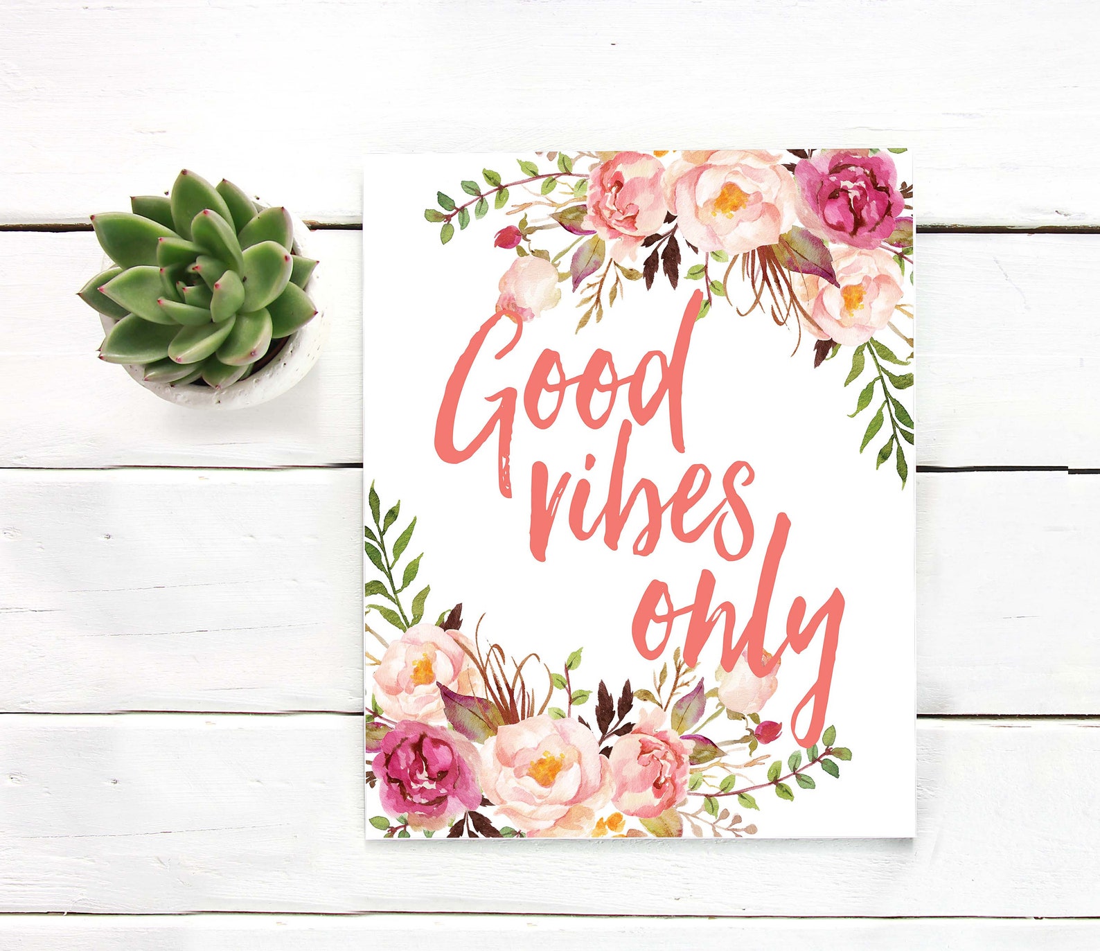 Watercolor Good Vibes Only Flowers Wreath Print Coral Etsy
