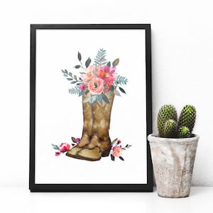 Watercolor flowers cowgirl boots Printable art watercolor western fall bouquet painted peony orange Printable wall art  INSTANT download