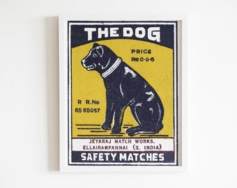 Vintage Dog Matchbox graphic art | Made in India | Vintage Matchbook Label Print | Antique Indian Matchbox Art