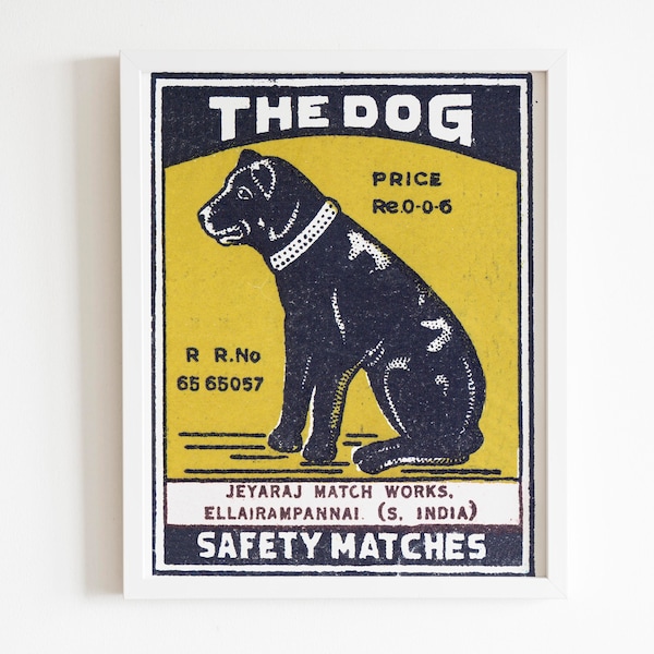 Vintage Dog Matchbox graphic art | Made in India | Vintage Matchbook Label Print | Antique Indian Matchbox Art