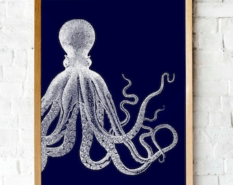 Impression de poulpe Bleu marine Poulpe côtier nautique tentacules de kraken plan Art mural imprimable