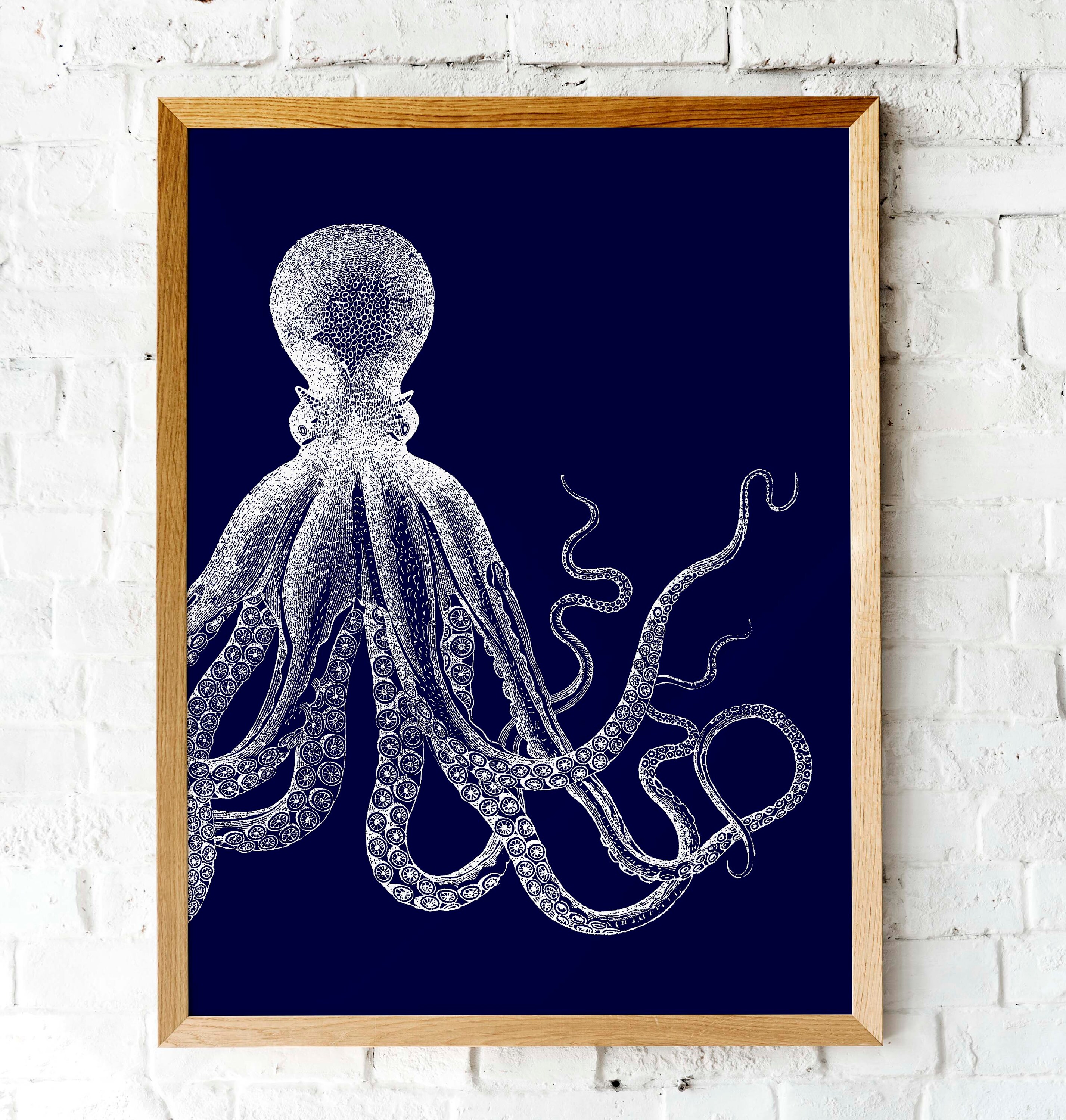 Octopus Print Navy Blue Nautical Coastal Octopus Kraken | Etsy
