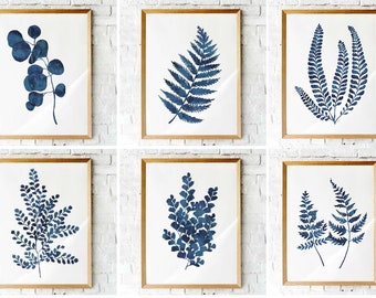 Fern prints  Printable art  set of 6 watercolor ink blue indigo fern leaf prints 8x10 and 11x14