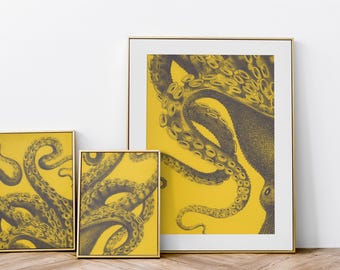 Set van 3 octopustentakels met zeefdruk | Nautische kunst aan de muur | Afdrukbare poster Kraken tentakels