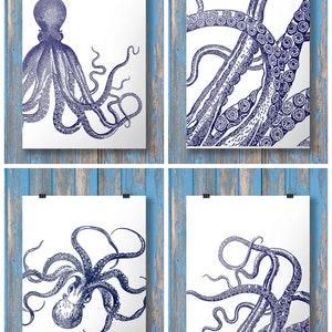 Octopus prints Navy blue tentacles Kraken Nautical art Set of four Printable wall art octopus art prints kraken print vintage ocean