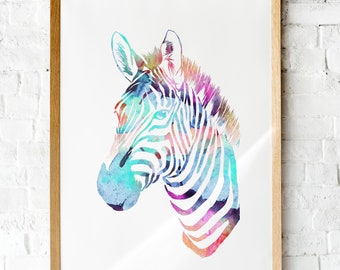 Rainbow Zebra Watercolor Art Print (Digital Download)