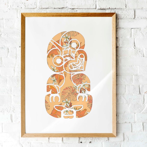 Tiki Tropical art print Nouvelle-Zélande Maori Tiki Printable art Floral Tiki Orange Printable wall art | impression d’art maori