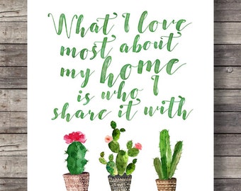 What I love most about my home is who I share it with Watercolor cactus cacti typography hand lettering decor green Printable wall art print