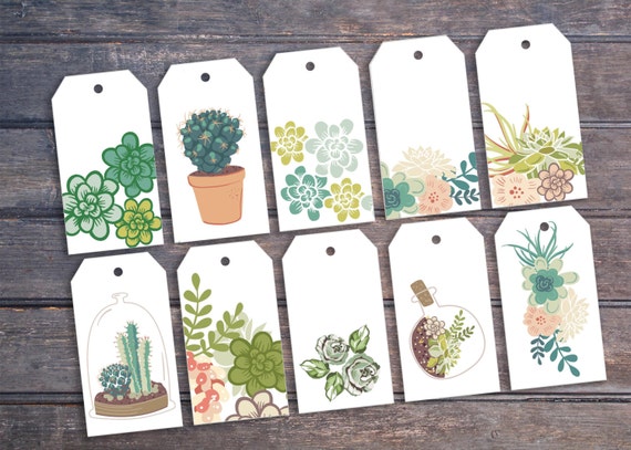 Botanical gift tags, Printable digital download,  succulents house plants,  Succulent gift tags