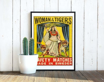 Vintage Indian Matchbox Art Print: Woman and Tigers (Digital Download)