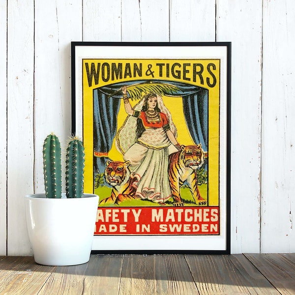 Vintage Indian Matchbox graphic art | Woman and Tiger | Made in India | Vintage Matchbook Label Print | Antique Indian Matchbox Art