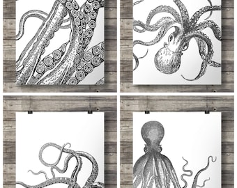 Octopus prints black + white tentacles | Kraken Nautical art |Set of four vintage printables