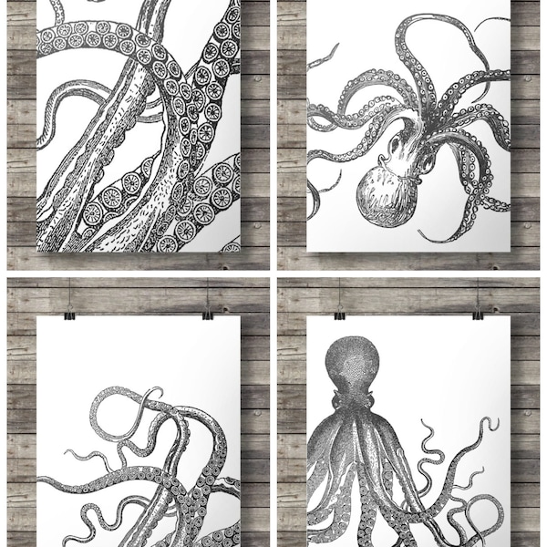 Octopus prints black + white tentacles | Kraken Nautical art |Set of four vintage printables