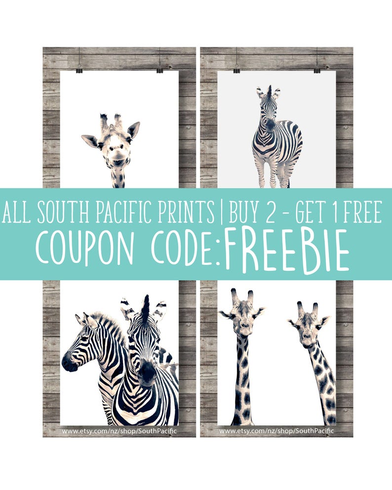 K&ouml;nnte beinhalten: Vier druckbare Bilder von einem Zebra und einer Giraffe. Die Bilder sind mit einem Holzmaserungshintergrund gerahmt. Der Text "ALL SOUTH PACIFIC PRINTS | BUY 2 - GET 1 FREE COUPON CODE: FREEBIE" wird oben im Bild angezeigt. Der Text "www.etsy.com/nz/shop/SouthPacific" wird unten im Bild angezeigt.