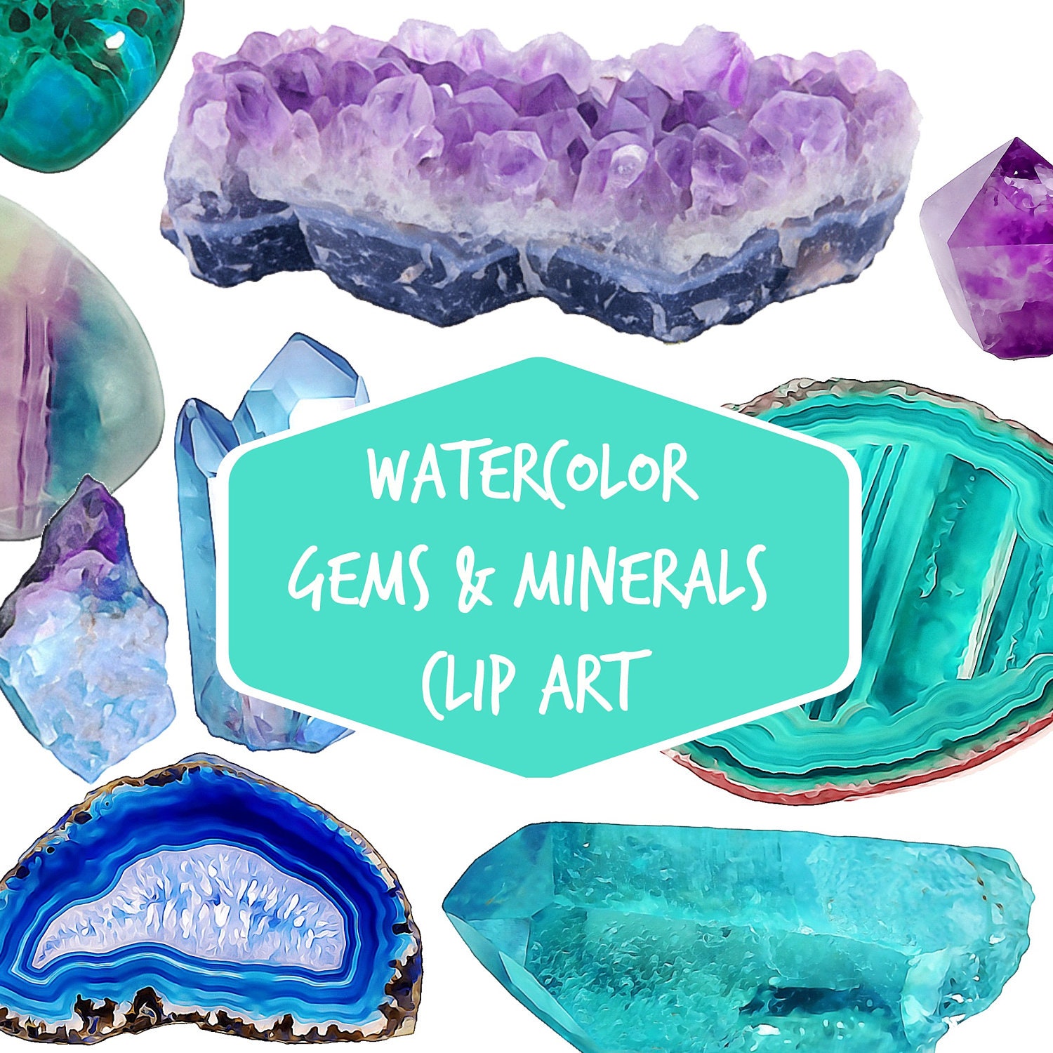 Gemstone Digital clip art | 29 watercolor gems minerals agate slices | Crystal clipart