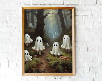 Cute ghosts in a forest with toadstools | Printable wall art | Spooky art print | Cute halloween art