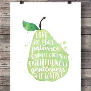 Fruit of the Spirit Galatians 5v22  Pear watercolor lettering. Scripture wall art Christian décor Bible verse wall art . Bible verse signs