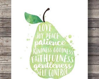 Fruit of the Spirit Pear Watercolor Print, Galatians 5:22 (Digital Download)