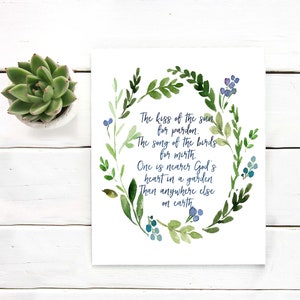 Garden art print, Watercolor painting, Nearer God&#39;s heart in a garden,  printable lettering calligraphy